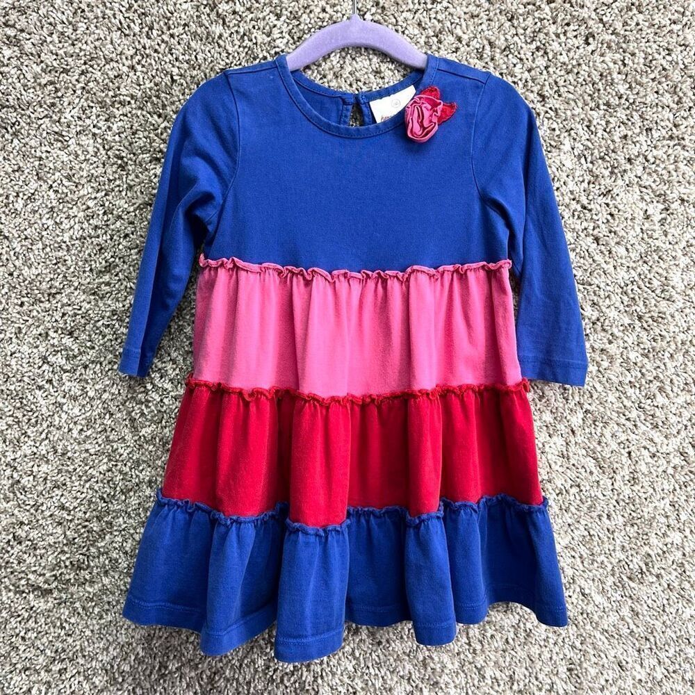Hanna Andersson Dress Girls 2T Blue/Red/Pink Long Sleeve Tiered A-Line